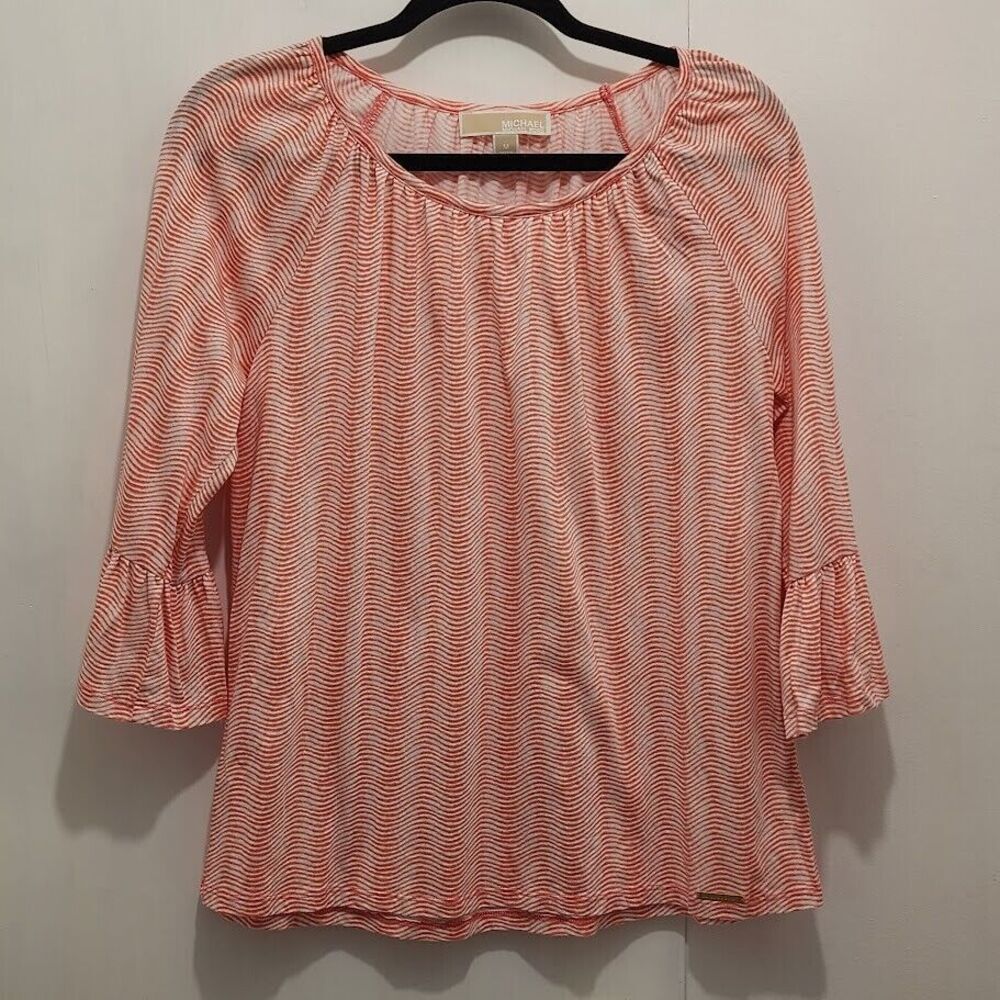 Michael Kors Womens Peach & White‎ 3/4 Sleeve Striped Blouse Shirt Size Medium
